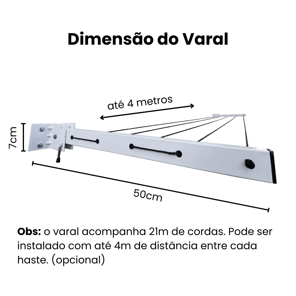 Varal Articulado de Parede Dws em Aço Reforçado - Preto ou Branco, 5 Cordas, Kit com 21m de Corda, Parafusos e Buchas