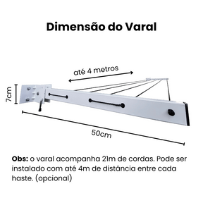 Varal Articulado de Parede Dws em Aço Reforçado - Preto ou Branco, 5 Cordas, Kit com 21m de Corda, Parafusos e Buchas